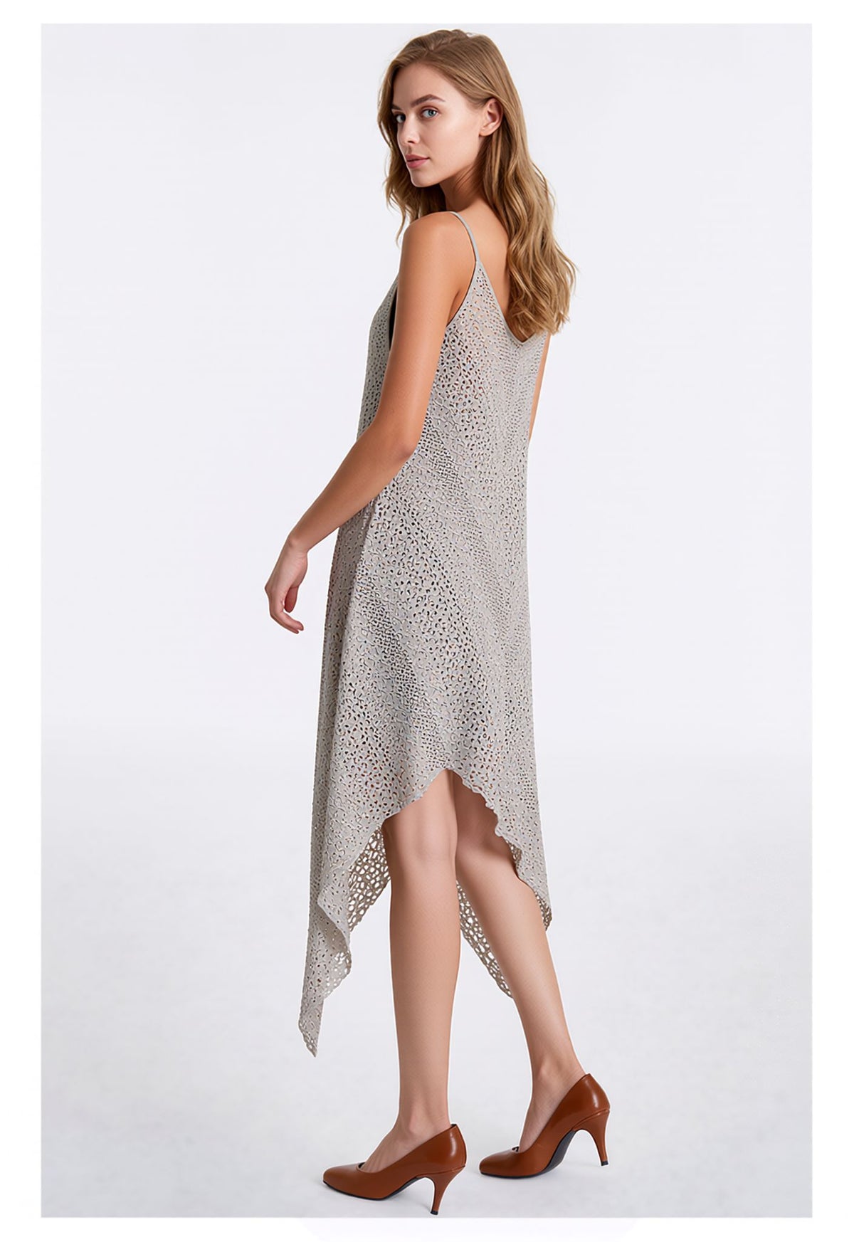 Beige Laser Cut Asymmetrical Midi Dress with Spaghetti Straps