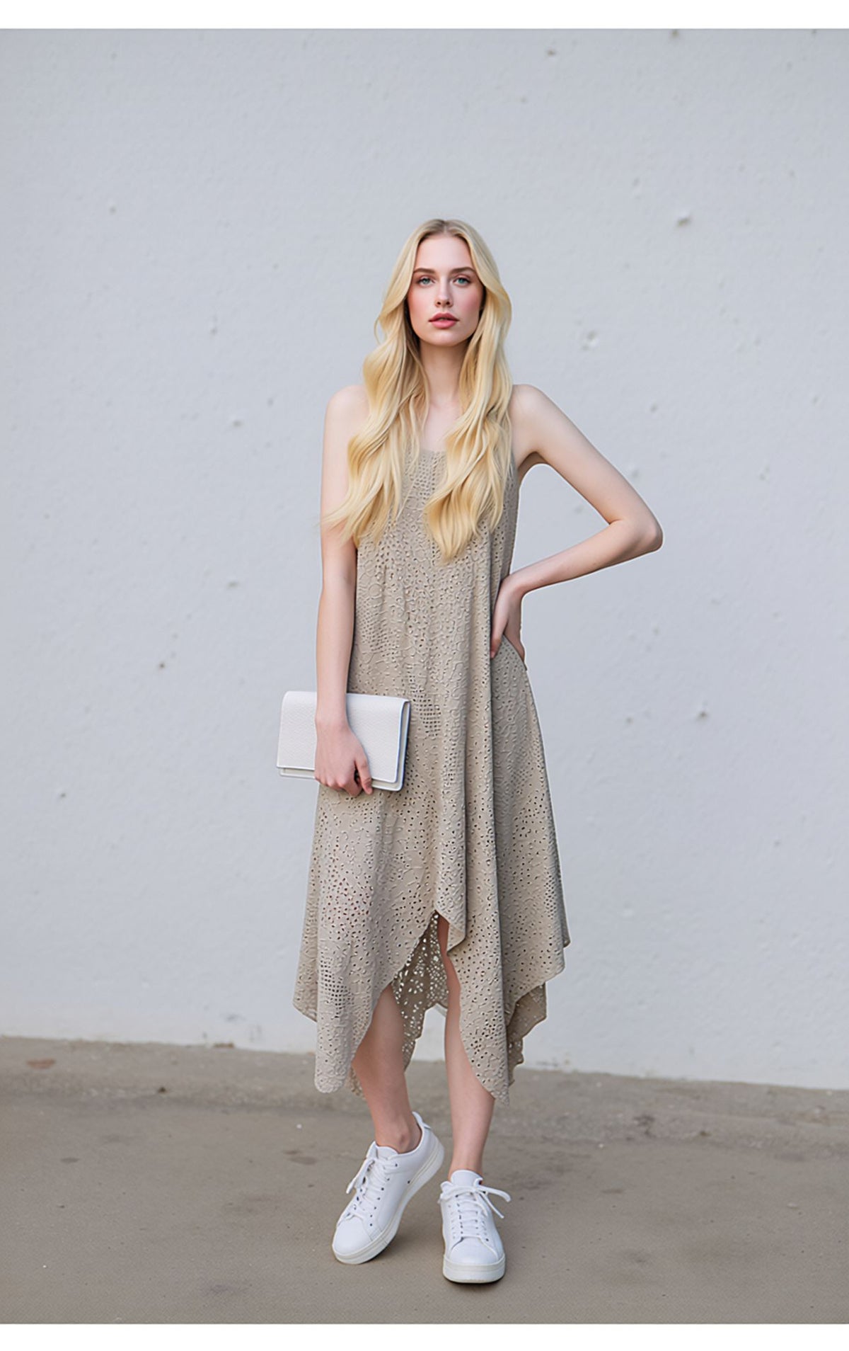 Beige Laser Cut Asymmetrical Midi Dress with Spaghetti Straps