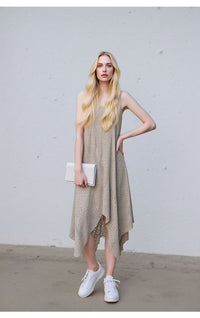 Beige Laser Cut Asymmetrical Midi Dress with Spaghetti Straps