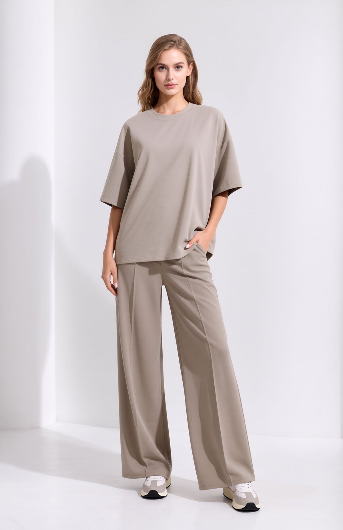 Beige Oversized T-Shirt & Wide Leg Seam Detail Trouser Two Piece Co-ord Set