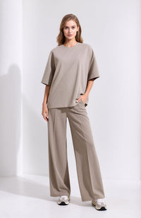 Beige Oversized T-Shirt & Wide Leg Seam Detail Trouser Two Piece Co-ord Set