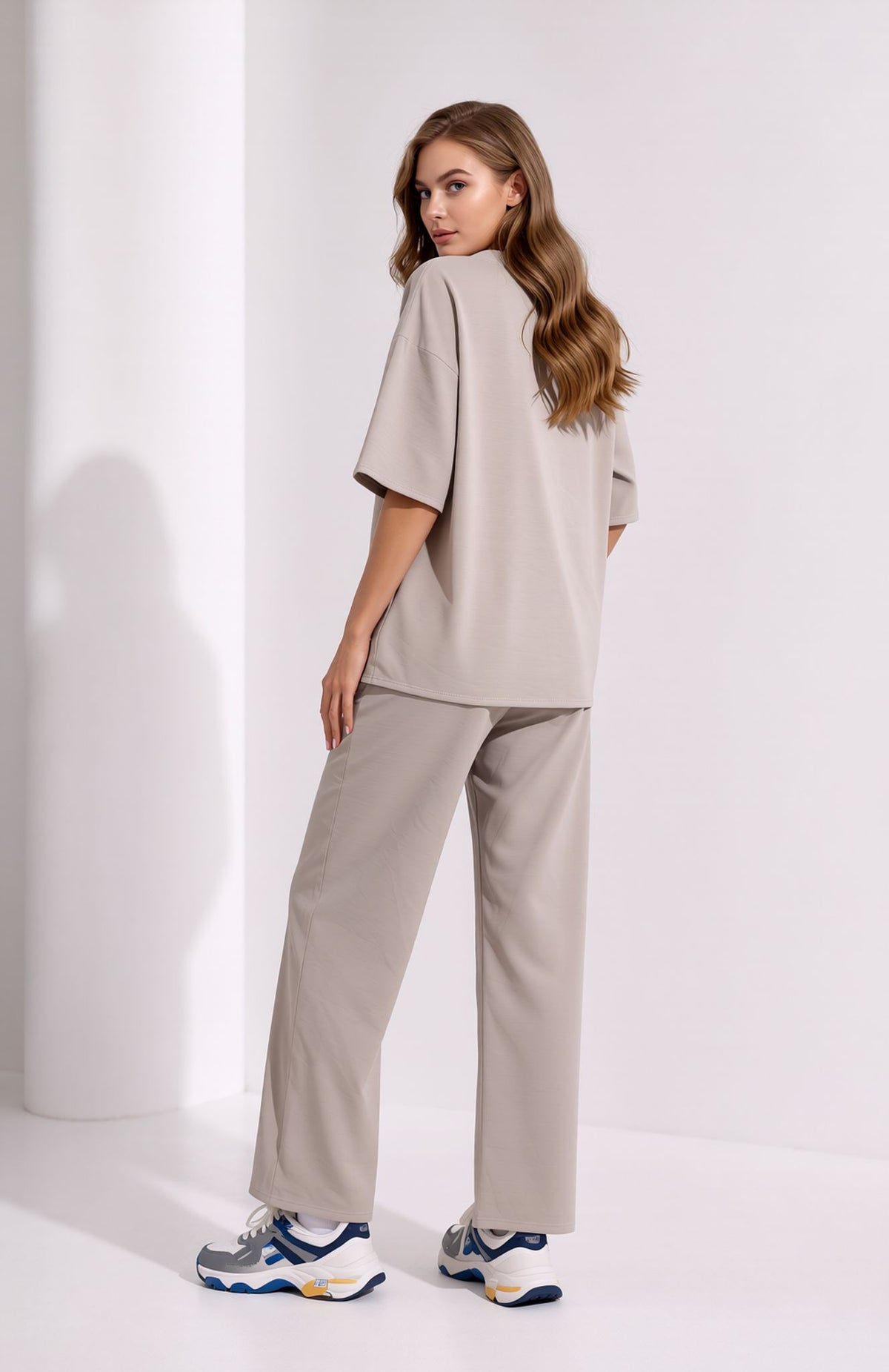 Beige Oversized T-Shirt & Wide Leg Seam Detail Trouser Two Piece Co-ord Set