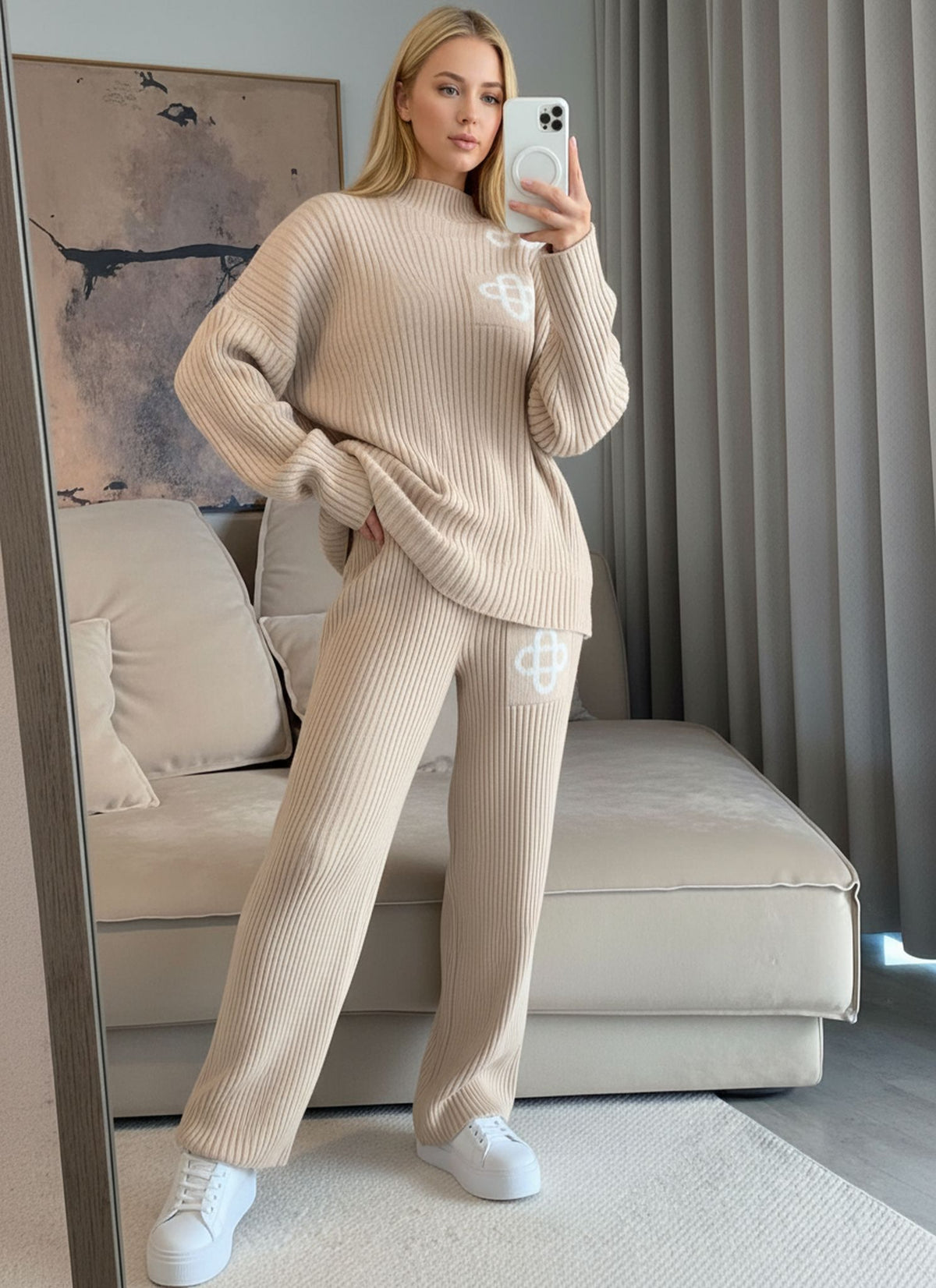 Beige Ribbed Knitted Loungewear Set