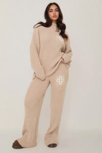 Beige Ribbed Knitted Loungewear Set