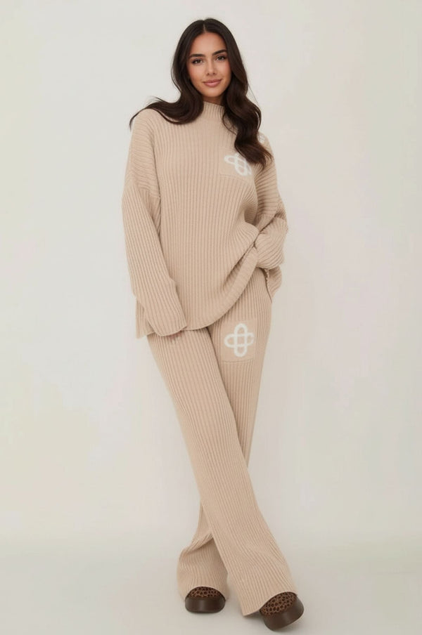 Beige Ribbed Knitted Loungewear Set