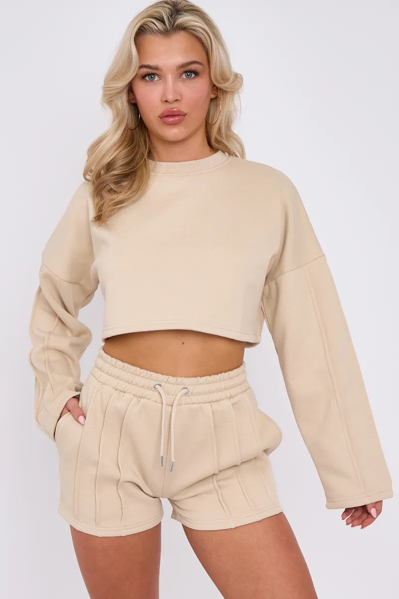 Beige Seam Detail Oversized Crop Jumper Shorts Loungewear Co ord FavouriteFashions.ie