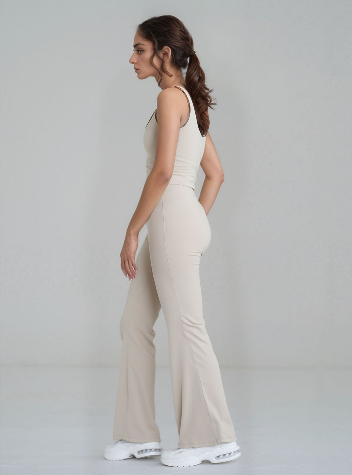 Beige Seam Detail Top & Flares Sculpt Gym Set
