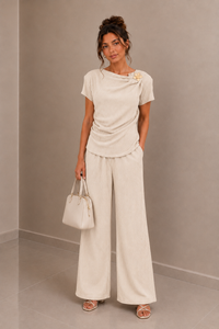 Beige Textured Drape Top & Wide Leg Trouser Co-Ord Set Elegant Two Piece Outfit