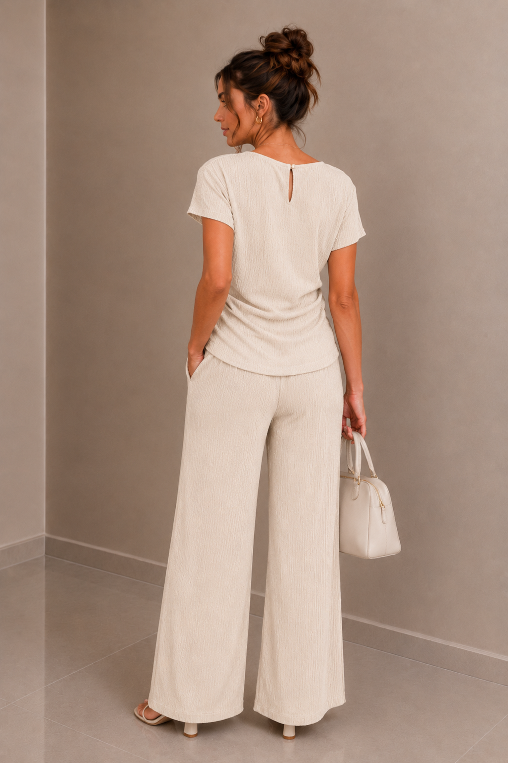 Beige Textured Drape Top & Wide Leg Trouser Co-Ord Set Elegant Two Piece Outfit