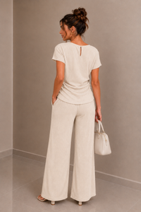 Beige Textured Drape Top & Wide Leg Trouser Co-Ord Set Elegant Two Piece Outfit