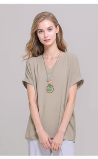 Beige V-Neck Batwing Sleeve Textured Blouse Casual Loose Fit Top with Necklace