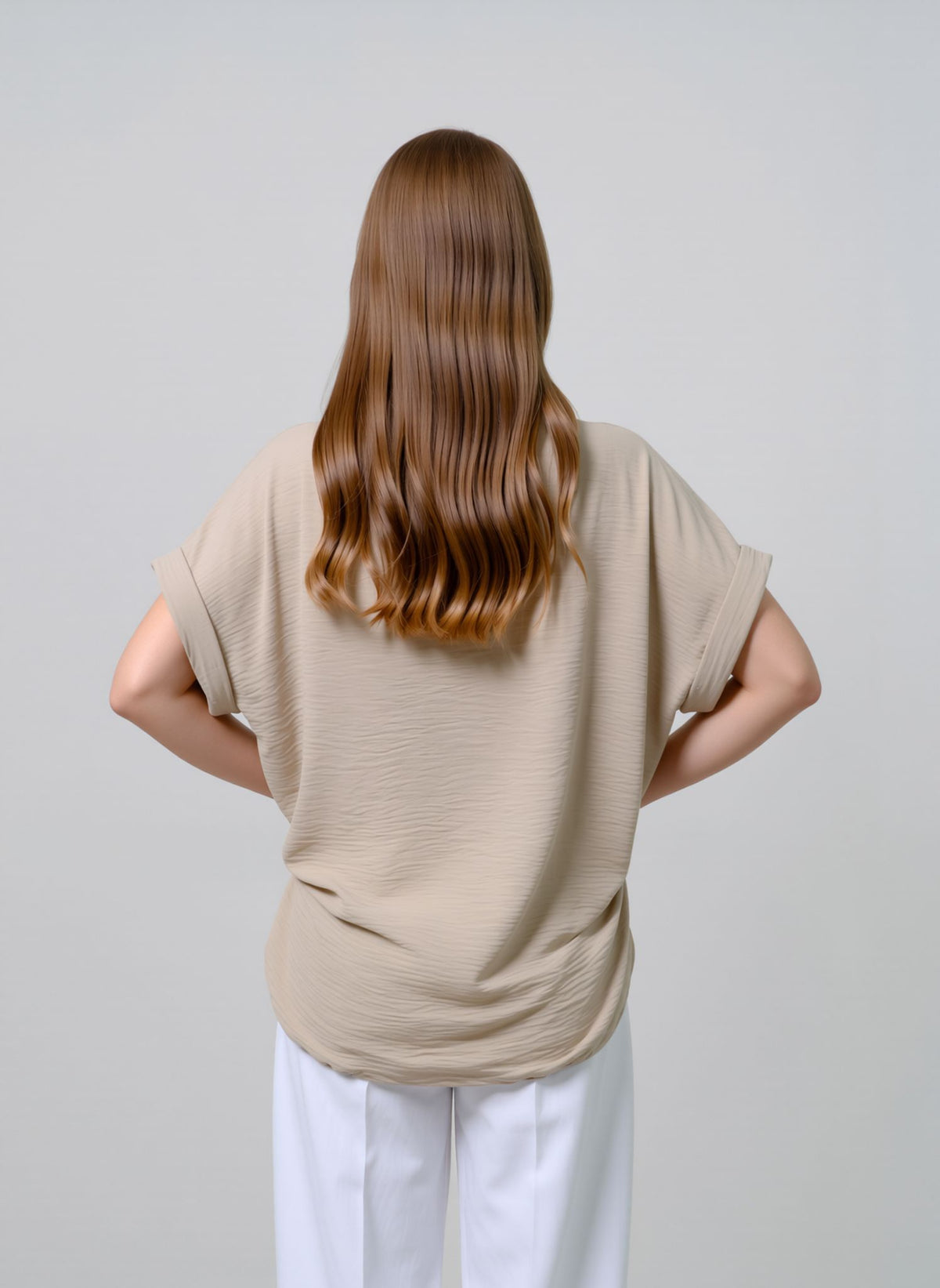 Beige V-Neck Batwing Sleeve Textured Blouse Casual Loose Fit Top with Necklace