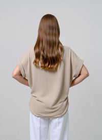 Beige V-Neck Batwing Sleeve Textured Blouse Casual Loose Fit Top with Necklace