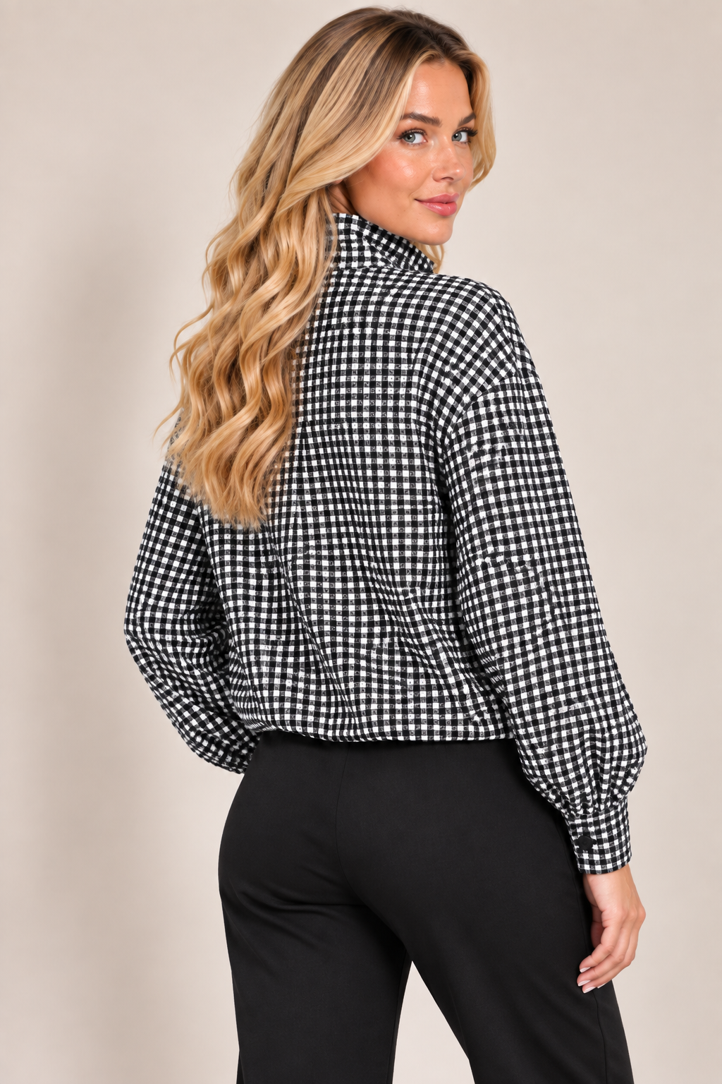Black Check High Neck Button Drawstring Lightweight Casual Jacket