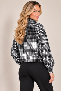 Black Check High Neck Button Drawstring Lightweight Casual Jacket