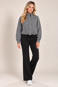 Black Check High Neck Button Drawstring Lightweight Casual Jacket
