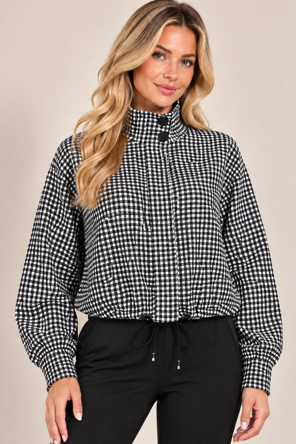 Black Check High Neck Button Drawstring Lightweight Casual Jacket