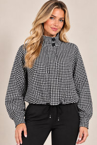Black Check High Neck Button Drawstring Lightweight Casual Jacket