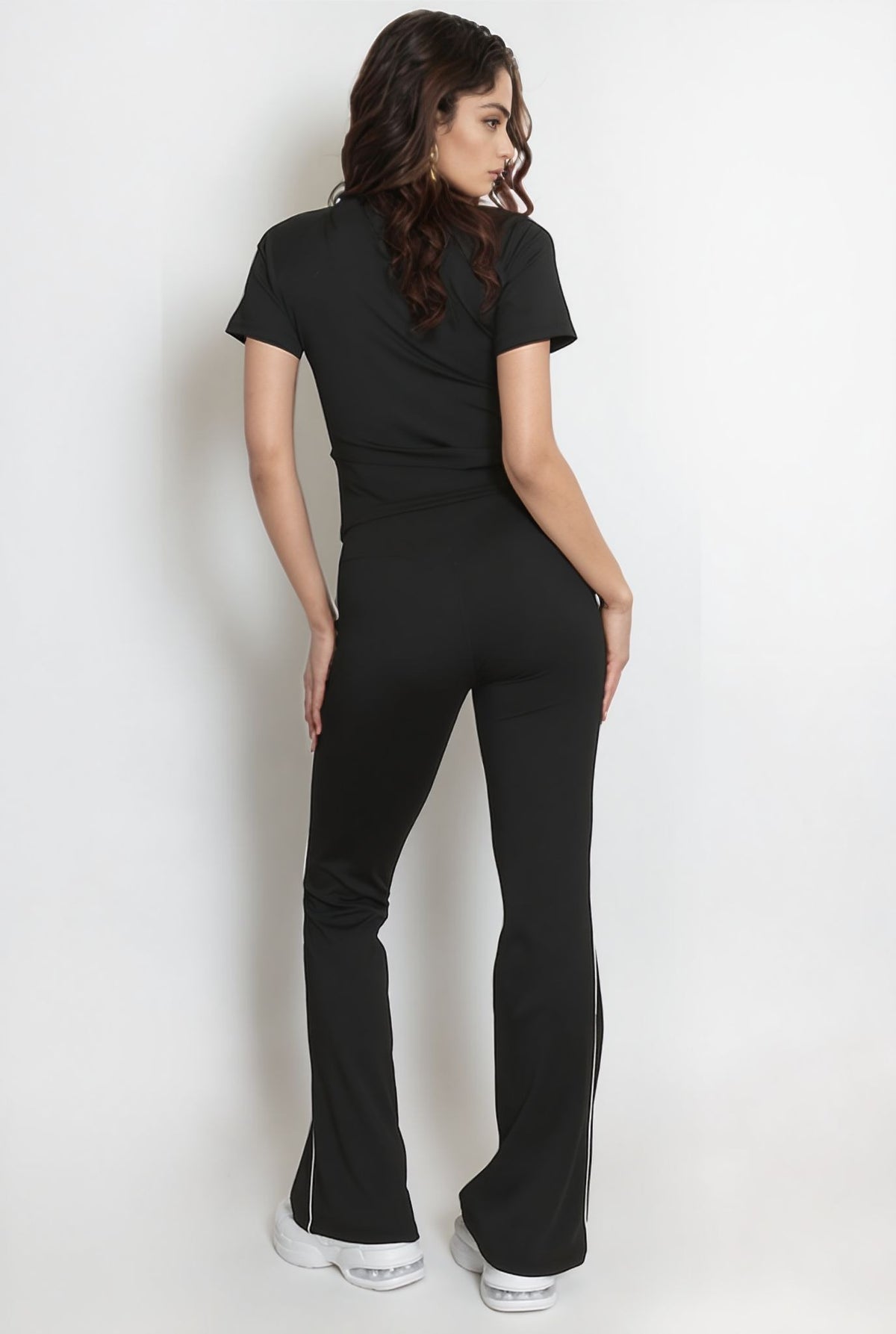 Black Contour Seam Detail Zip Top & Flares Gym Set