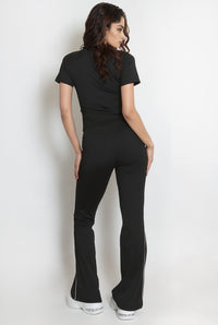 Black Contour Seam Detail Zip Top & Flares Gym Set