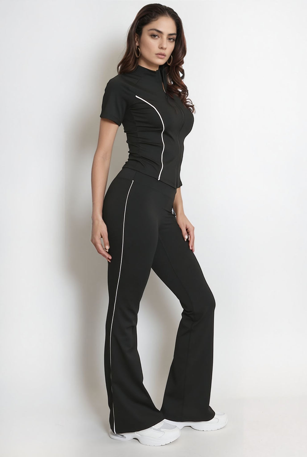 Black Contour Seam Detail Zip Top & Flares Gym Set