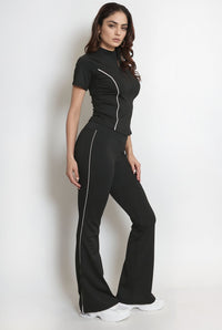 Black Contour Seam Detail Zip Top & Flares Gym Set