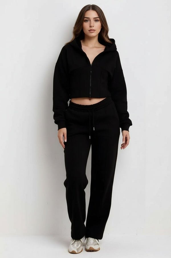 Black Corset Cropped Zip-Up Hoodie & Wide Leg Joggers Loungewear Set