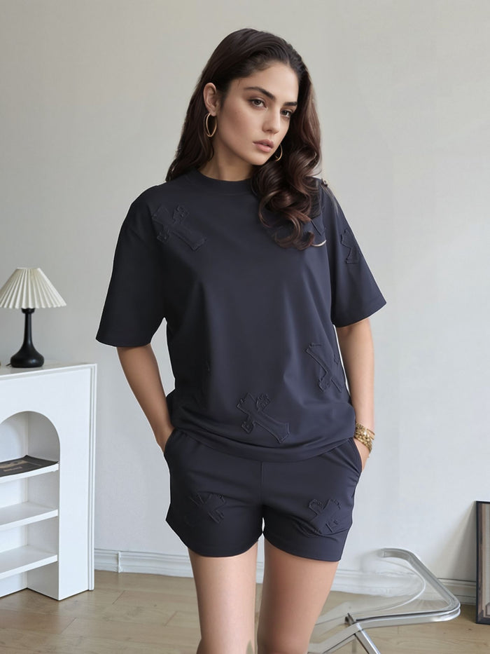 Black Cross Embroidered T-Shirt & Shorts Co-ord