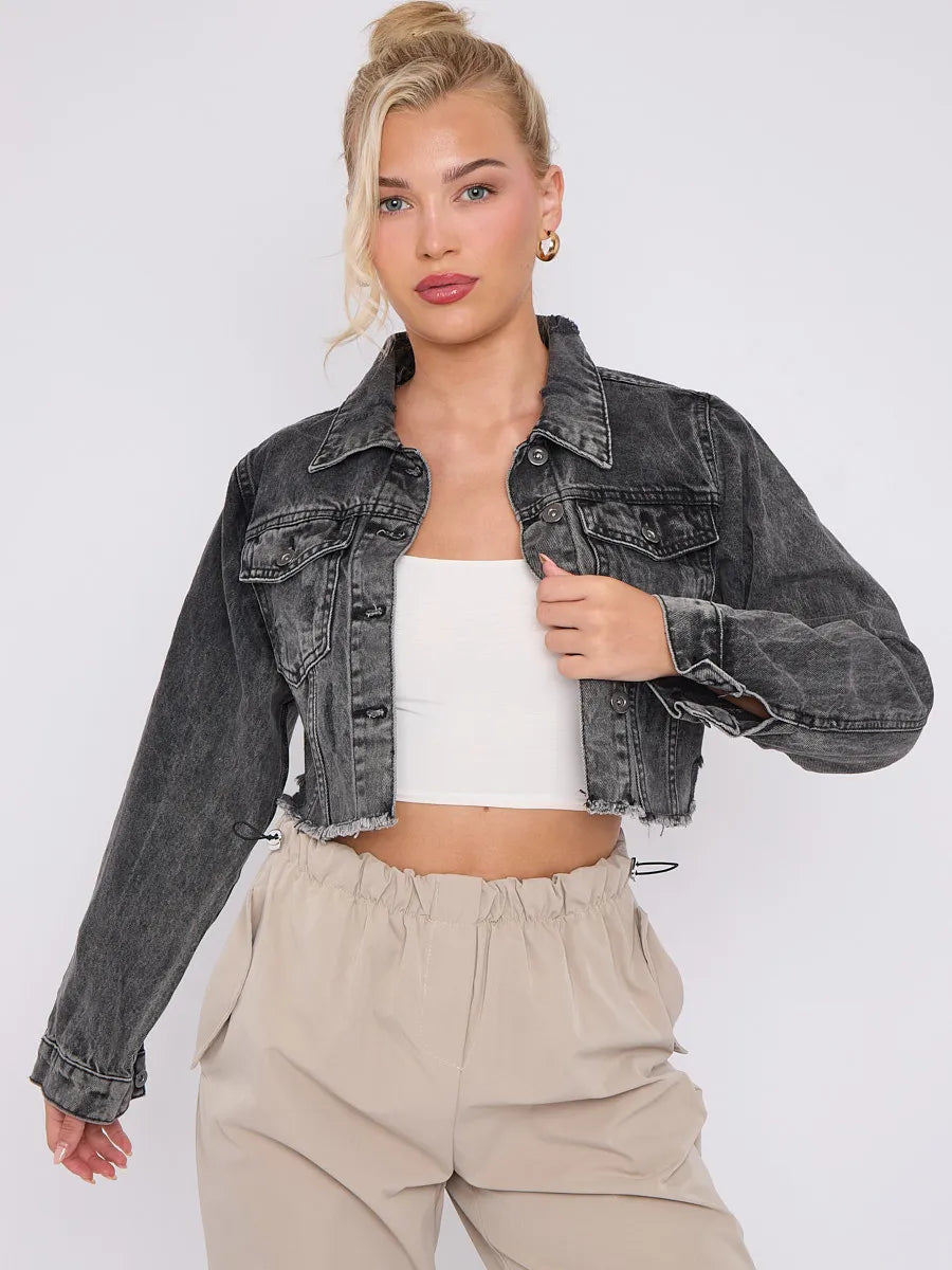 Black Denim Distressed Cropped Jacket With Pockets FavouriteFashions.ie