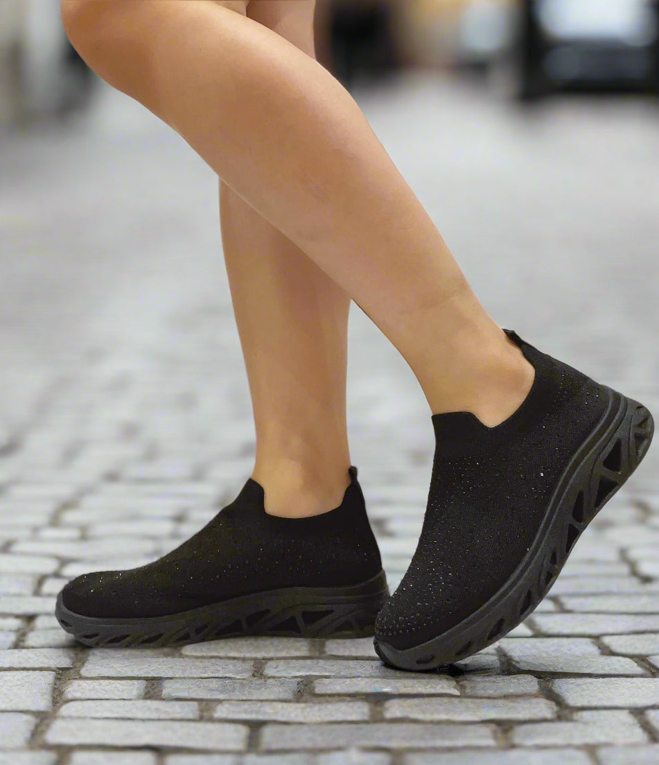 Black Diamante Comfortable Slip On Trainers