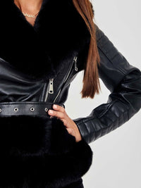 Black Faux Fur Belted PU Coat