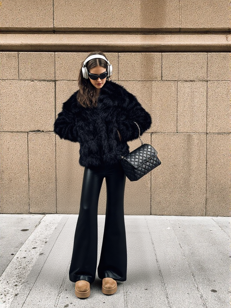 Black Faux Fur Oversized Collared Coat