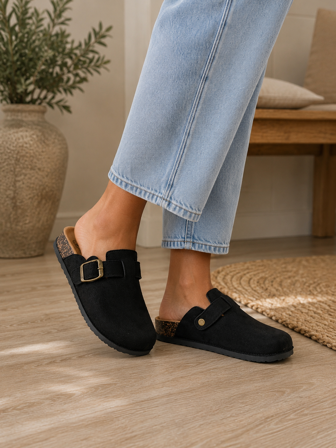 Black Faux Suede Buckle Comfort Slip-On Mules Cork Footbed Casual Clogs
