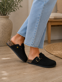 Black Faux Suede Buckle Comfort Slip-On Mules Cork Footbed Casual Clogs