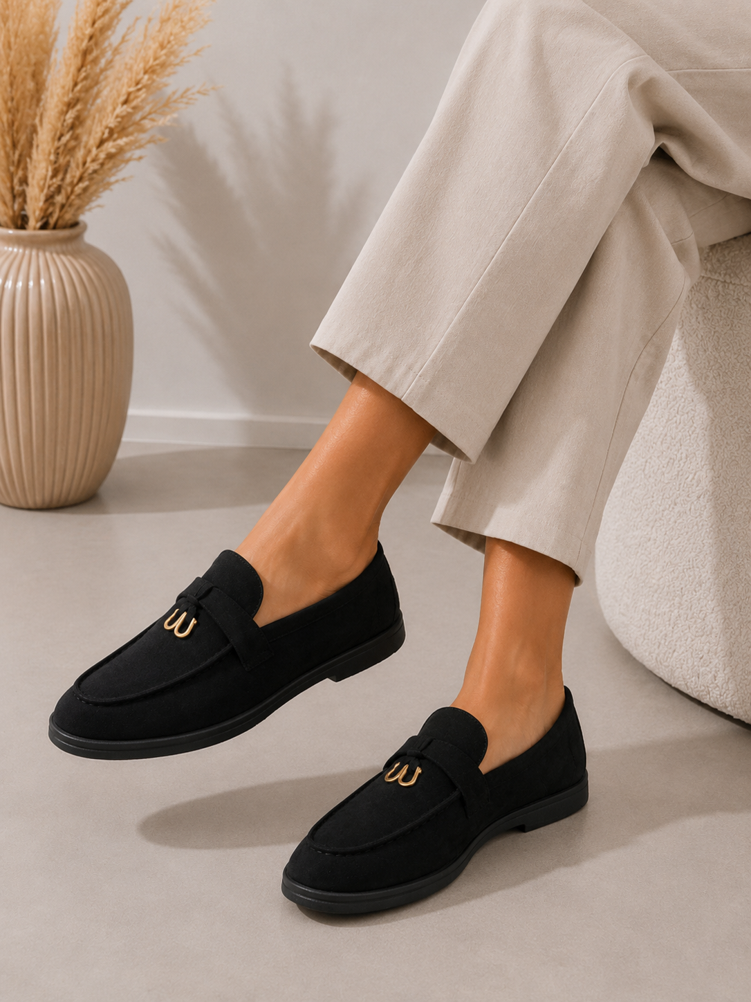 Black Faux Suede Loafers Elegant Flat Slip On Shoes