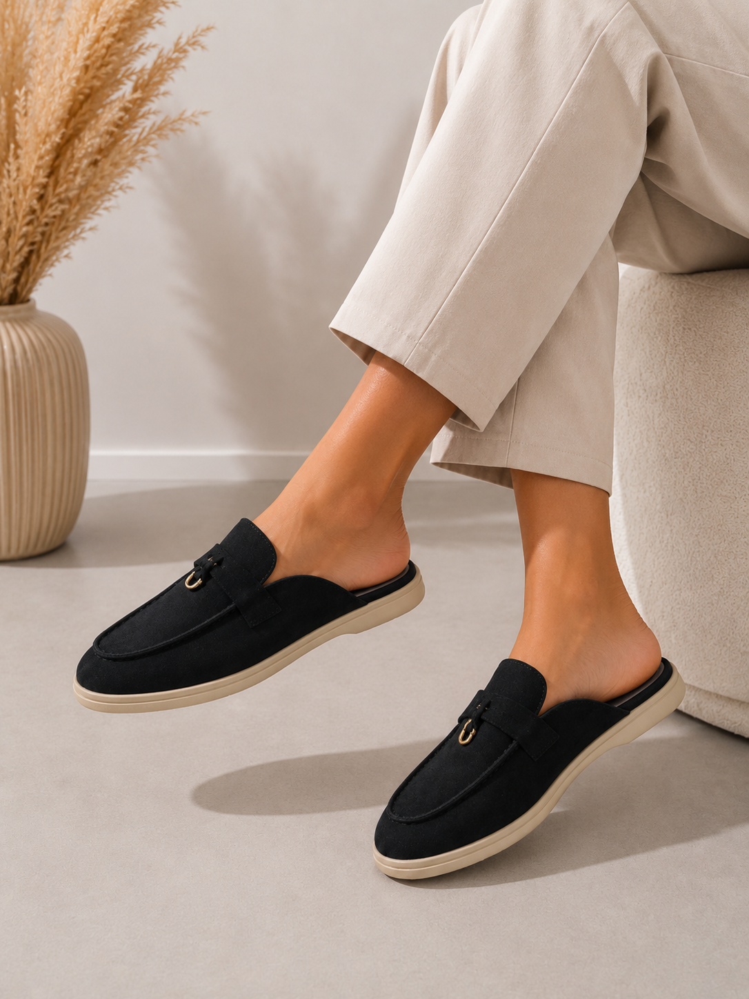 Black Faux Suede Mule Loafers Trendy Slip On Flat Shoes