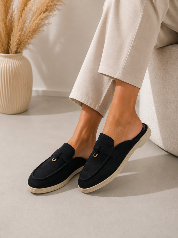 Black Faux Suede Mule Loafers Trendy Slip On Flat Shoes