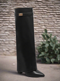 Black Fold Over Gold Buckle Heeled Cowboy Boots