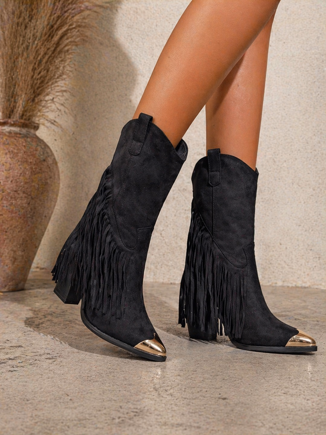 Black Fringe Cowboy Mid Calf Western Tassel Boots