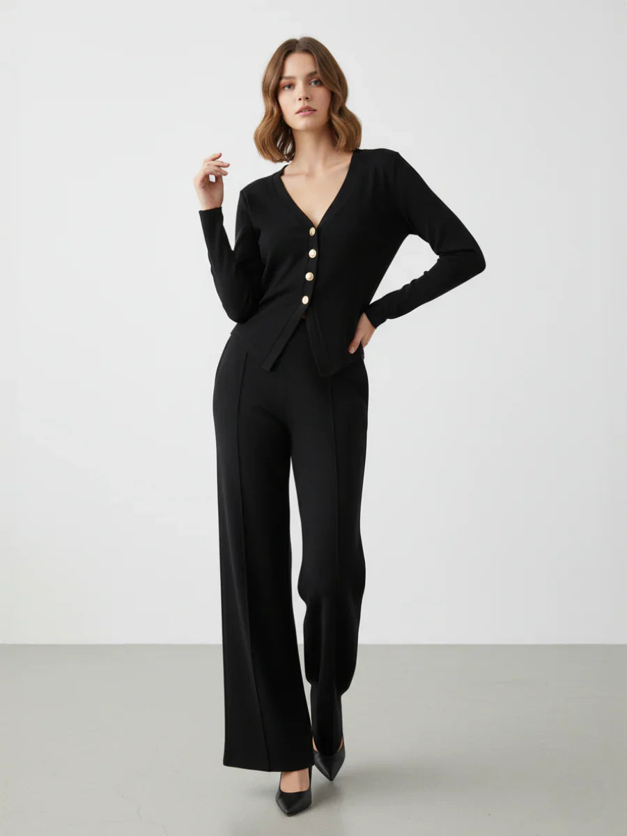 Black Gold Button Front Long Sleeve Top & Straight Leg Pants Co-ord Set