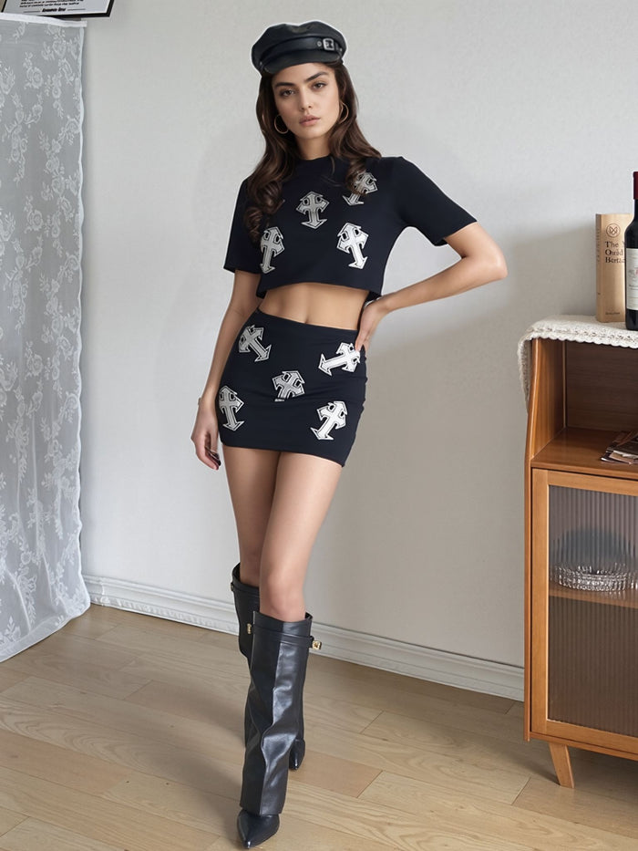 Black Graphic Cross Print Crop Top & Mini Skirt Co-ord