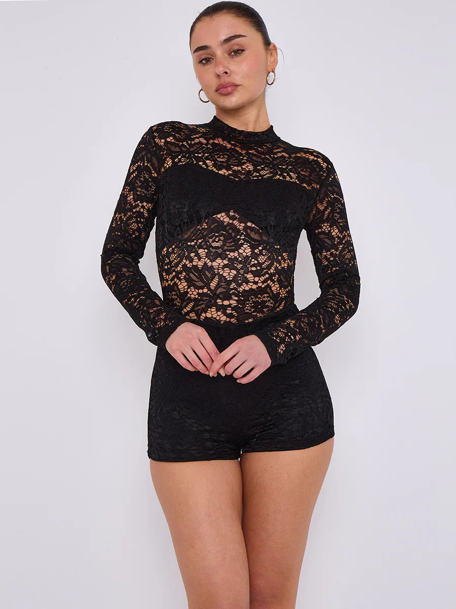Black Lace Detail High Neck Long Sleeves Bodycon Playsuit