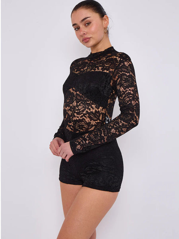 Black Lace Detail High Neck Long Sleeves Bodycon Playsuit