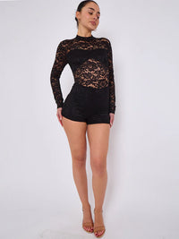 Black Lace Detail High Neck Long Sleeves Bodycon Playsuit