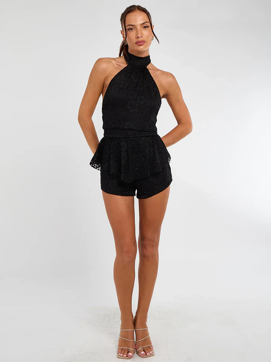 Black Lace Detail Slinky Frill Backless Playsuit