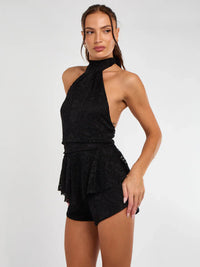 Black Lace Detail Slinky Frill Backless Playsuit