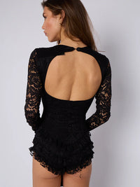 Black Lace Frill Detail Open Back Long Sleeves Bodycon Playsuit