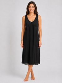 Black Lace Trim Sleeveless Soft Comfortable Midi Length Nightdress