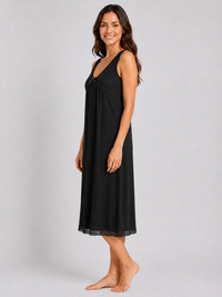 Black Lace Trim Sleeveless Soft Comfortable Midi Length Nightdress
