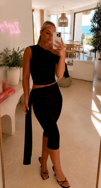 Black Off Shoulder Capri 3/4 Trouser Co Ord Set Summer Holiday Outfit